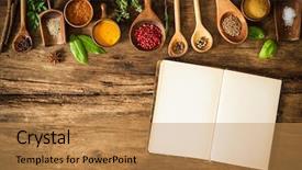  Presentation with cookbook - PPT theme having vintage culinary - blank cookbook and spices background and a coral colored foreground