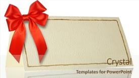  Presentation with satin - Cool new PPT theme with blank gift tag tied with a bow of red satin ribbon isolated on white backdrop and a soft green colored foreground