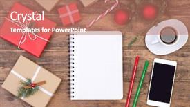  Presentation with notebook - PPT layouts with blank notebook on wooden table background and a coral colored foreground