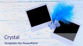  Presentation with feather - Presentation design enhanced with blank old photos and decorative feather on color wooden background background and a sky blue colored foreground
