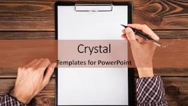  Presentation with blank - Cool new slide deck with blank paper - clipboard on a wooden table backdrop and a red colored foreground