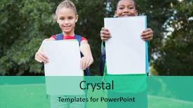  Presentation with school elementary - Presentation with blank paper - cute pupils smiling at camera background and a teal colored foreground