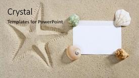  Presentation with shells - Presentation design consisting of blank paper on white sand beach with shells and starfish print like a summer vacation concept background and a mint green colored foreground