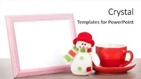  Presentation with snowman - Audience pleasing theme consisting of blank photo frame christmas snowman and coffee cup on wooden table isolated on white background backdrop and a white colored foreground