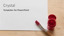  Presentation with blank - Colorful presentation theme enhanced with blank piece of paper with brushes and watercolors on kid's desk top view with copy space backdrop and a white colored foreground