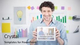  Presentation with digital image - Colorful PPT theme enhanced with blank screen in creative office backdrop and a light blue colored foreground