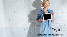  Presentation with computer - Amazing theme having flatscreen - happy woman holding tablet computer backdrop and a light blue colored foreground