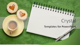  Presentation with romance - Theme featuring blank spiral art sketchbook against textured green bark paper flat lay with coffee and heart cookies love or romance greeting card concept background and a light gray colored foreground