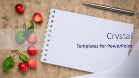  Presentation with crab - PPT theme enhanced with blank spiral art sketchbook against textured bark paper with fresh crab apples fall holidays greeting card concept background and a sky blue colored foreground