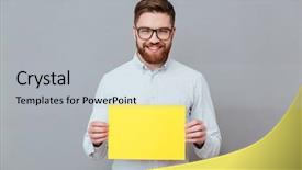  Presentation with happy young student girl holding - Amazing slides having blank standing over grey background backdrop and a light gray colored foreground