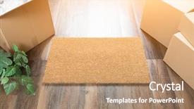  Presentation with welcome - PPT theme having blank welcome mat moving boxes background and a coral colored foreground