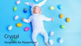  Presentation with newborn baby on his mothers and - Colorful PPT theme enhanced with blanket among colorful easter egg backdrop and a light blue colored foreground