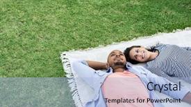  Presentation with young happy couple - Presentation theme enhanced with blanket on grass latin background and a light blue colored foreground