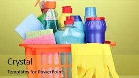  Presentation with cleaning - Cool new PPT theme with bleach chemicals - basket with cleaning items backdrop and a yellow colored foreground