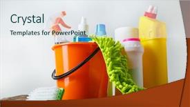  Presentation with light - Amazing PPT theme having bleach chemicals - bucket with cleaning items backdrop and a sky blue colored foreground