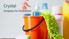  Presentation with bucket list adventure dreams goals - Slide deck having bleach chemicals - bucket with cleaning items background and a  colored foreground