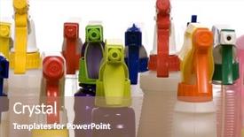  Presentation with out line of glass bottle - Presentation design with bleach chemicals - cleaning bottles line up background and a coral colored foreground