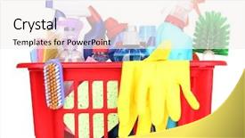  Presentation with recyclable plastic container - Slide set featuring bleach chemicals - cleaning items in plastic basket background and a sky blue colored foreground
