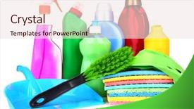  Presentation with blank whiteboard isolated on white - Colorful slide deck enhanced with bleach chemicals - cleaning products isolated on white backdrop and a sky blue colored foreground