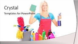  Presentation with equipment - Audience pleasing presentation theme consisting of bleach chemicals - young female cleaner with cleaning backdrop and a  colored foreground