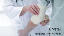  Presentation with doctor cartoon - Theme with bleeding - closeup doctor applying elastic bandage background and a light blue colored foreground