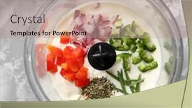  Presentation with taco - Audience pleasing theme consisting of blender bowl with ingredients for fish taco sauce on table backdrop and a coral colored foreground