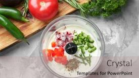  Presentation with taco - Theme enhanced with blender bowl with ingredients for fish taco sauce on table background and a coral colored foreground