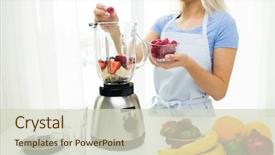  Presentation with healthy people - Slide deck featuring healthy eating cooking vegetarian food diet and people concept - close up of woman with blender making fruit shake at home background and a soft green colored foreground