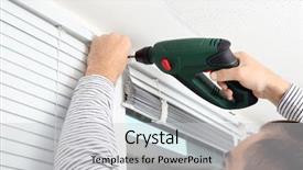  Presentation with home - Audience pleasing PPT layouts consisting of blind - man installing window shades backdrop and a light gray colored foreground
