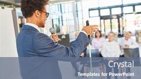  Presentation with coach - PPT theme with blind-business-man background and a ocean colored foreground