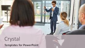  Presentation with congress - Amazing presentation having blind-businessman-as-a-speaker backdrop and a light gray colored foreground
