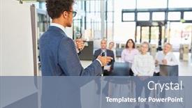  Presentation with speaker - Beautiful presentation design featuring blind-businessman-as-a-speaker backdrop and a seafoam green colored foreground