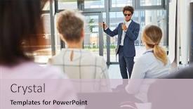  Presentation with business group meeting - Presentation having blind-businessman-as-speaker background and a lemonade colored foreground