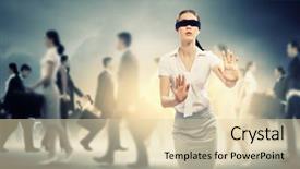  Presentation with group of people silhouettes walking - Presentation theme enhanced with blind eyes - image of businesswoman in blindfold background and a lemonade colored foreground