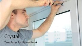  Presentation with home window frame - PPT theme consisting of close up house blinds - young man installing window shades background and a light blue colored foreground