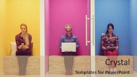  Presentation with young business people - Presentation theme featuring blind school - group of young business people background and a coral colored foreground