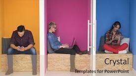  Presentation with young business people - Cool new PPT theme with blind school - group of young business people backdrop and a coral colored foreground