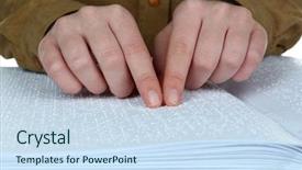  Presentation with guide dog helping blind woman - Presentation theme featuring blind woman read book written background and a sky blue colored foreground