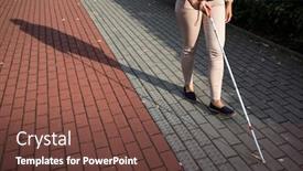  Presentation with blind walking cane - PPT theme enhanced with blind-woman-walking-on-city background and a tawny brown colored foreground