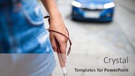  Presentation with blind walking cane - Amazing slide set having blind-woman-walking-on-city backdrop and a light gray colored foreground