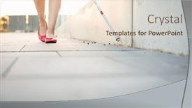  Presentation with blind walking cane - Audience pleasing PPT theme consisting of blind-woman-walking-on-city backdrop and a lemonade colored foreground