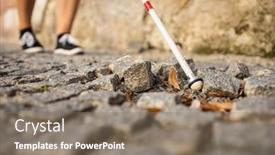  Presentation with blind walking cane - Amazing slide deck having blind-woman-walking-on-city backdrop and a gray colored foreground