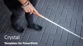  Presentation with blind walking cane - PPT theme with blind-woman-walking-on-city background and a dark gray colored foreground