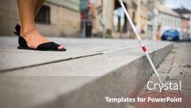  Presentation with blind walking cane - PPT theme featuring blind-woman-walking-on-city background and a gray colored foreground