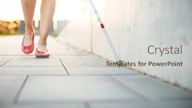  Presentation with blind walking cane - PPT theme featuring blind-woman-walking-on-city background and a lemonade colored foreground