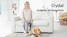  Presentation with guide dog - Colorful PPT theme enhanced with blind woman with guide dog backdrop and a white colored foreground
