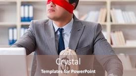  Presentation with office desk reception - Slide deck having blindfold-businessman-sitting-at-desk background and a coral colored foreground