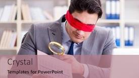  Presentation with desk - PPT theme consisting of blindfold-businessman-sitting-at-desk background and a coral colored foreground