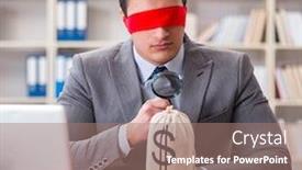  Presentation with desk - Cool new PPT theme with blindfold-businessman-sitting-at-desk backdrop and a coral colored foreground