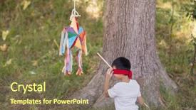  Presentation with blindfolded - Cool new slide deck with blindfolded-boy-hitting-pinata backdrop and a tawny brown colored foreground